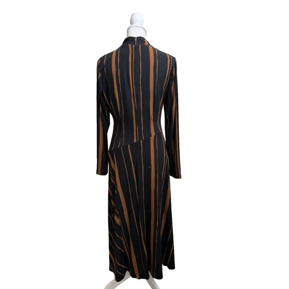 Taylor Women's Black and Rust Stripe Midi Dress Asymmetrical Hem High neck L - Picture 2 of 7